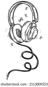 Hand drawn black and white musical headphones with notes