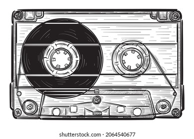 Hand drawn black and white old music audio cassette