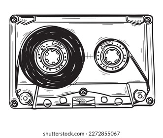 Hand drawn black and white old music audio cassette
