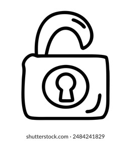 Icono de candado abierto en blanco y negro dibujado a mano. Ilustración vectorial