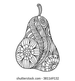 Hand drawn, black and white ornamental pear. Could be use for coloring book in zentangle style