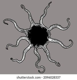 Hand drawn black and white outline octopus tentacles in a round shape isolated on grey background.