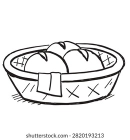A hand drawn black and white outline illustration featuring a woven basket containing three round baked bread rolls with a small cloth napkin draped over the edge