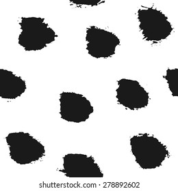 Hand drawn black and white paint smudges seamless pattern. Monochrome dry brush strokes texture.