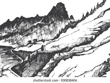 A hand drawn black and white  pan sketch of a mountains. Mountain landscape with a road, houses and range of trees. Can be used as an illustration for article about nature, traveling, mountaineering