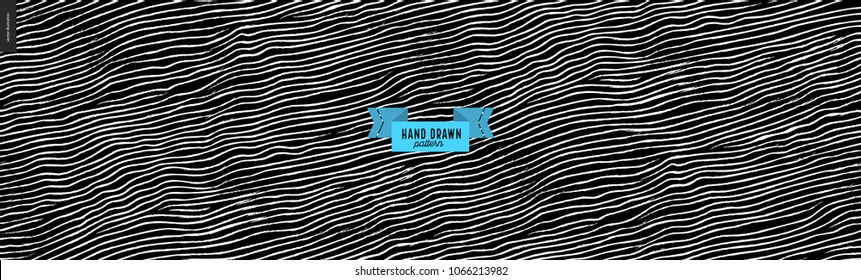 Hand drawn black, white pattern. Vector seamless pattern. Abstract background, brush strokes. Monochrome texture. Hipster graphic design. Endless vector backgrounds, simple scratchy textures, stripes