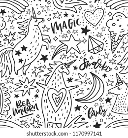Hand drawn black and white pattern with unicorns. Vector design.