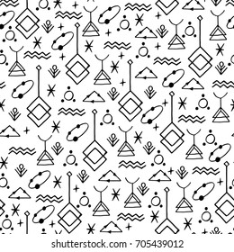 Hand drawn black and white pattern with esoteric symbols. Seamless background.