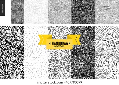 Hand drawn black and white patterns set. Fur or leaves seamless black and white patterns