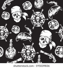 Hand drawn black and white pirates seamless pattern with hat rum bottle gun vector illustration