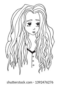Hand drawn black and white portrait of a young beautiful girl with wavy hair, with worried or surprised expression on her face, isolated, in doodle style