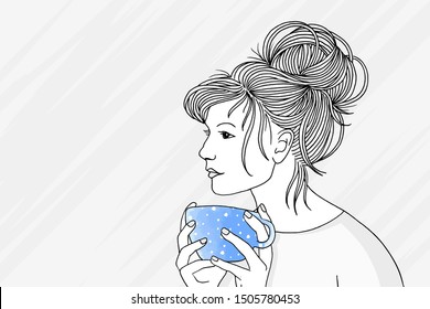 Hand drawn black and white portrait of a young pensive woman holding a bright blue cup of morning coffee