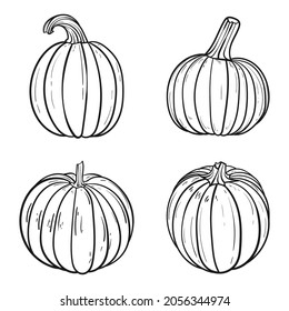 Hand drawn black and white pumpkin collection set, flat style vector illustration.