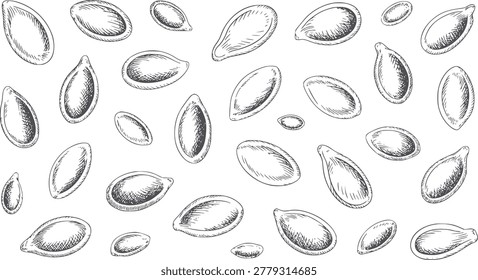 Hand drawn black and white pumpkin seeds scattered white