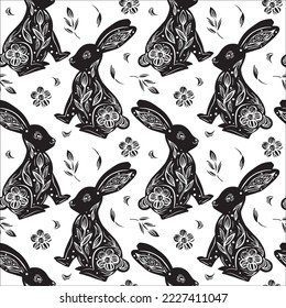 Hand drawn black and white rabbit with ornaments, flowers and branches. Seamless vector pattern for fabric, packaging, textile. Illustration in folk art style. Spring Easter Bunny