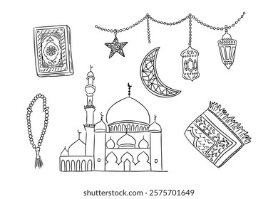 Hand drawn black and white Ramadan doodles of mosque, crescent moon, lanterns, prayer mat, Quran, and tasbih, representing Islamic culture and Ramadan celebrations, perfect for festive