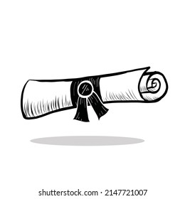 Hand Drawn Black And White Realistic Graduation Rolled Diploma Scroll Tied With Ribbon. Isolated On Black Background. University Or College Degree Certificate. Vector Design Elements Of A Document.