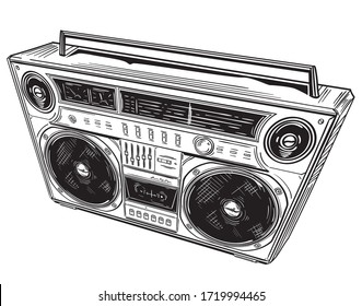 Hand drawn black and white retro boombox tape recorder