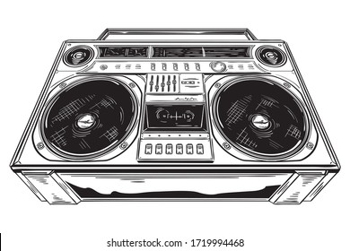 Hand drawn black and white retro boombox tape recorder