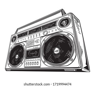 Hand drawn black and white retro boombox tape recorder