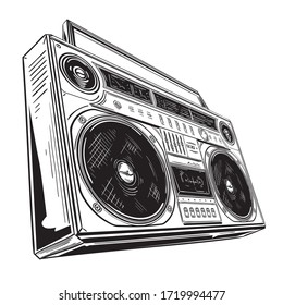 Hand drawn black and white retro boombox tape recorder