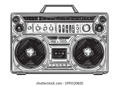 Hand drawn black and white retro 80s boombox tape recorder