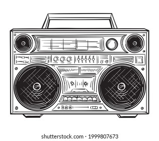 Hand drawn black and white retro 80s boombox tape recorder