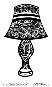 Hand drawn black and white retro table lamp illustration