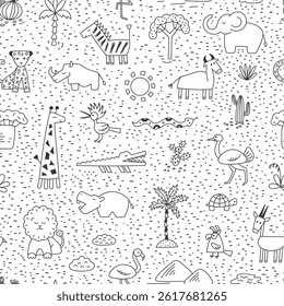 Hand Drawn Black and White Safari Animals Seamless Doodle Pattern for Kids Design Nursery Decor Textile Minimalist Monochrome Vector