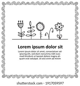 Hand drawn black and white scandi style flowers and frame. Vector illustration for greeting card, poster or banner. Congratulations template.