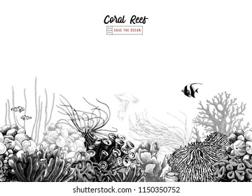 Hand drawn black and white seamless coral border. Vector illustration