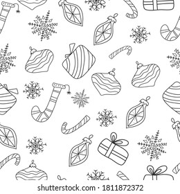 Hand drawn black and white seamless pattern with Christmas elements. Xmas and winter holidays. illustration in ink hand drawn style. Seamless pattern for Christmas.