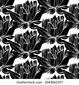 Hand drawn black and white seamless pattern with dark lotus. Monochrom contrast backdrop. Vector illustration.