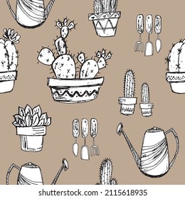 Hand drawn black and white seamless pattern with cactus, succulents, garden tools and watering can. Vector pattern for postcard, wallpaper, print, textile. 
