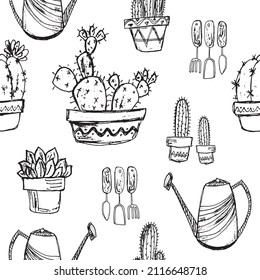 Hand drawn black and white seamless pattern with cactus, succulents, garden tools and watering can. Vector pattern for postcard, wallpaper, print, textile. 