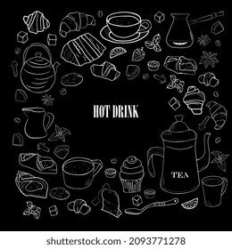 Hand drawn black and white set of winter hot drinks with cappuccino, mugs and coffee beans.  Sketch collection. 