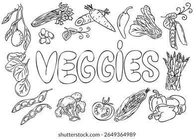 Conjunto preto e branco desenhado à mão de vários vegetais em torno de grandes legumes que escrevem sobre fundo branco. Este vetor representa alimentos saudáveis, estilo de vida vegetariano e atividade de coloração divertida.