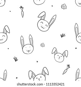 Hand Drawn Black and White Simple Doodle rabbit Pattern with  carrot, dots, grass in Kids Style. Seamless Background with Drawing Vector Sketch Illustrations