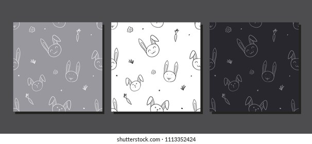 Hand Drawn Black and White Simple Doodle rabbit seamless Pattern set with  carrot, dots, grass in Kids Style. Seamless Background with Drawing Vector Sketch Illustrations