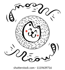 Hand Drawn Black and White Simple Doodle Cat Icon. Vector Sketch Illustration for T Shirt Print Design