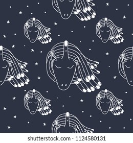 Hand Drawn Black and White Simple Tattoo Doodle unicorn pattern in Kids Style. Surreal Background Vector for textile, print , postcard, text, invitation, poster, background, book, wallpaper, t-shirt