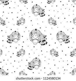 Hand Drawn Black and White Simple Tattoo Doodle unicorn pattern in Kids Style. Surreal Background Vector for textile, print , postcard, text, invitation, poster, background, book, wallpaper, t-shirt