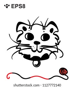 Hand Drawn Black and White Simple Doodle Cat Icon. Vector Sketch Illustration Isolated