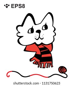 Hand Drawn Black and White Simple Doodle Cat Icon. Vector Sketch Illustration Isolated