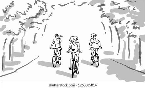 Hand drawn black and white sketch with three girls ride bicycles in a park.