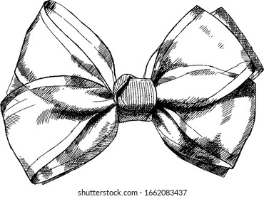 Hand drawn black and white sketch. Beautiful decorative bow for decoration. Vector.