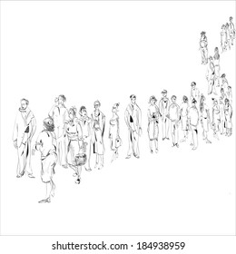 hand drawn black and white sketch in doodle style of people in queue