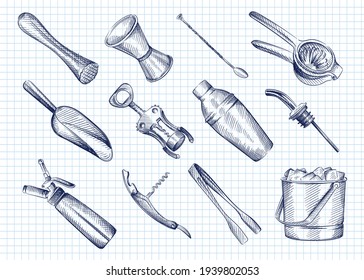 Hand drawn Black and white sketch set of Bar inventory. Muddler; jigger; measuring cup; bar spoon; squeezer; ice tongs; corkscrew; scoop; cream dispenser; ice bucket; shaker; Bar geyser, dispenser	
