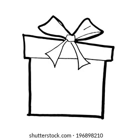 Hand drawn black and white sketch illustration of a present with bow