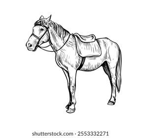 Dibujado a mano en blanco y negro boceto de Caballo. Animal de granja. El caballo es un símbolo del Año Nuevo Chino 2026. Festiva Ilustración vectorial de signo del zodiaco para la tarjeta de felicitación, volante, Anuncio, calendario